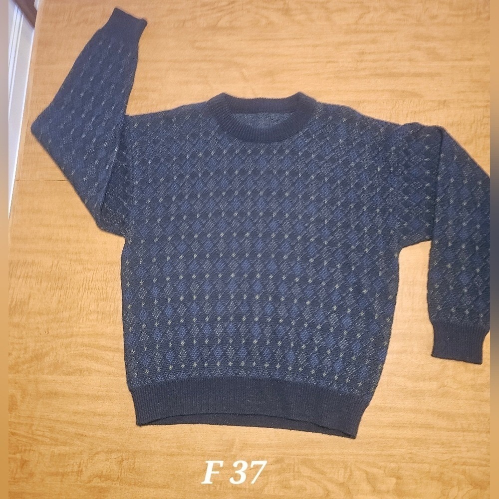 VTG Argyle Sweater Mens Medium Blue Dad Grandpa Crew L XL Geometric Pullover F37